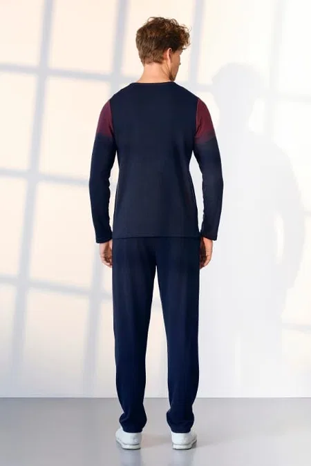 Büyük Beden Erkek Lacivert Bordo Detaylı T-Shirt Pijama Takımı Doreanse 25K4535P - Lacivert