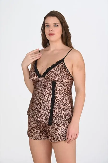 Fuşya Leopar Desenli Şort Takımı Ahu 1074 - Kahverengi