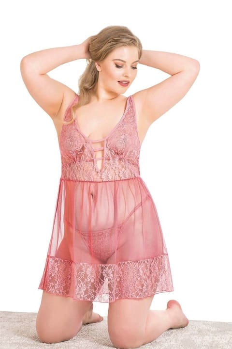 Büyük Beden Bordo Kısa Tül Gecelik Ahu 3020 - Mercan