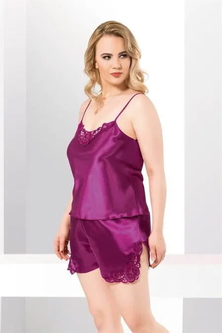 Mor Saten Babydoll Şort Takımı Büyük Beden Ahu 1024 - Mor