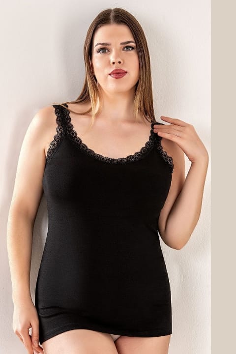 Pamuklu Dantel Detaylı Kalın Askılı Kadın Atlet Özkan 26802 - Siyah