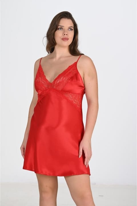 Büyük Beden Saten 2li Kırmızı Gecelik Sabahlık Takım Ahu 6207 - 2