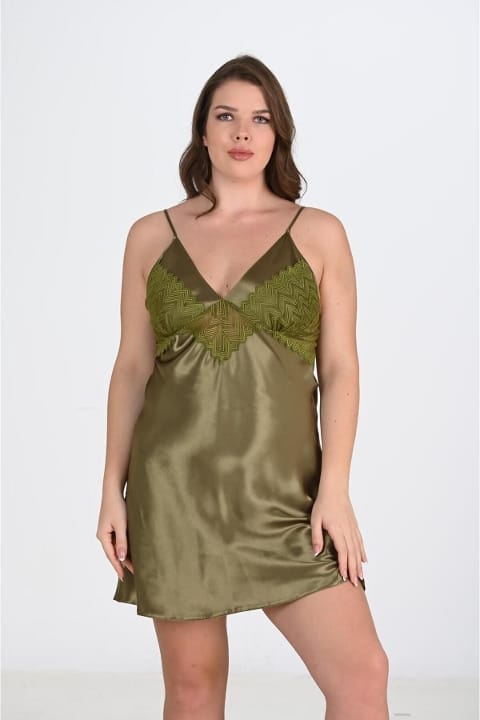 Büyük Beden Saten Haki Gecelik Ahu Ahu 2104 - Yeşil