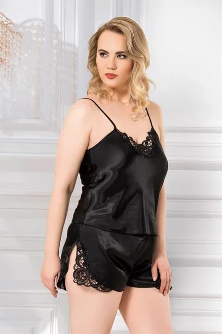 Büyük Beden Saten Siyah Babydoll Şort Takımı Ahu 1024 - Siyah