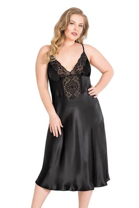 Büyük Beden Saten Uzun Gecelik Takımı Ahu Lingerie 6173 - Siyah