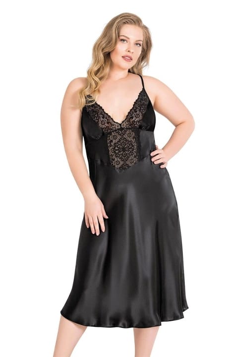 Büyük Beden Saten Uzun Gecelik Takımı Ahu Lingerie 6173 - Siyah
