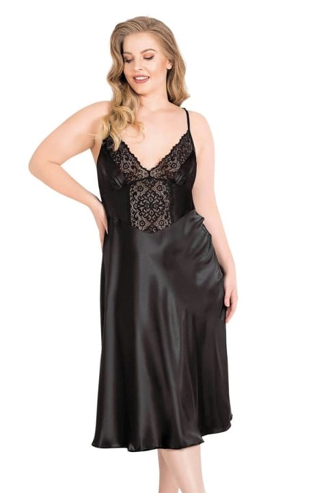 Büyük Beden Saten Uzun Gecelik Takımı Ahu Lingerie 6173 - Siyah