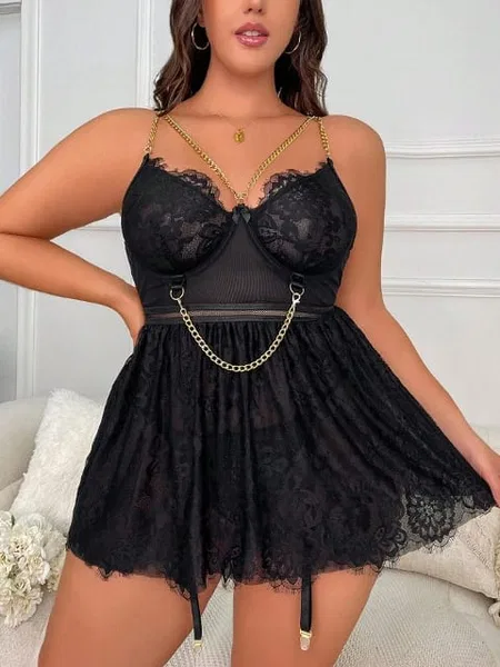 For Dreams Büyük Beden Dantelli Siyah Body Zincir Detay For Dreams 8487