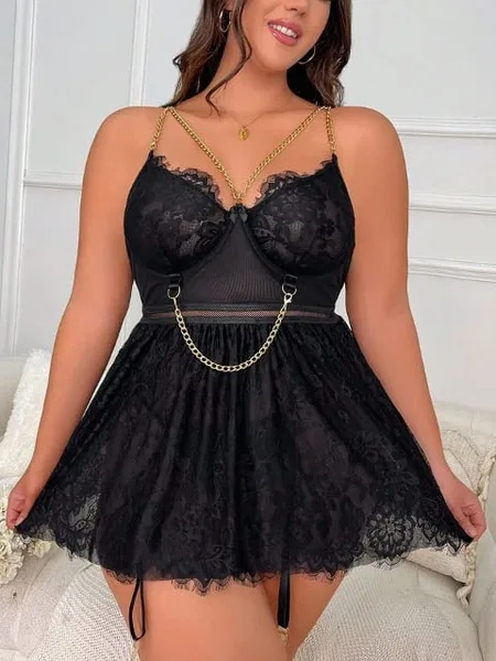 For Dreams Büyük Beden Dantelli Siyah Body Zincir Detay For Dreams 8487 - Görsel 3