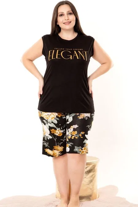 Büyük Beden Siyah Şortlu Pijama Takımı Lady 10399 - Siyah