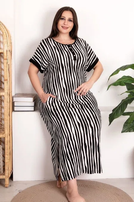 Büyük Beden Viskon Çizgili Gecelik Kadın Lady 7256 - Siyah