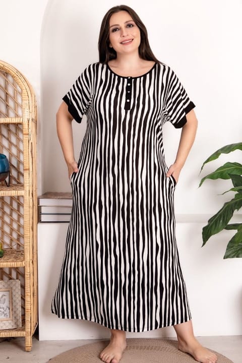 Büyük Beden Viskon Çizgili Gecelik Kadın Lady 7256 - Siyah