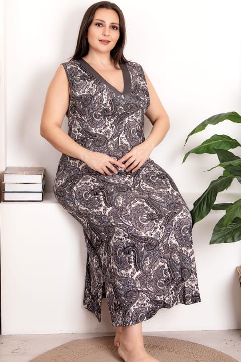 Viskon Kumaş Çiçek Desenli Büyük Beden Gecelik Lady 7265 - Gri
