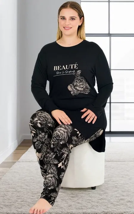 Büyük Beden Viskon Uzun Kollu Pijama Takımı Lady 11394 - Görsel