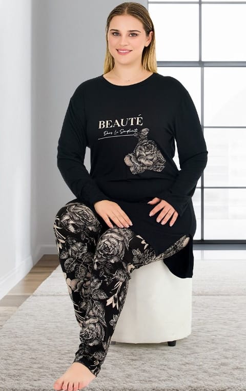 Büyük Beden Viskon Uzun Kollu Pijama Takımı Lady 11394