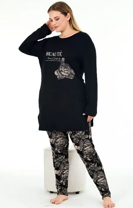 Büyük Beden Viskon Uzun Kollu Pijama Takımı Lady 11394 - Görsel