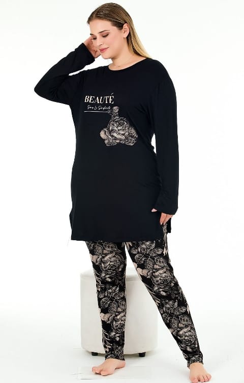 Büyük Beden Viskon Uzun Kollu Pijama Takımı Lady 11394 - Görsel