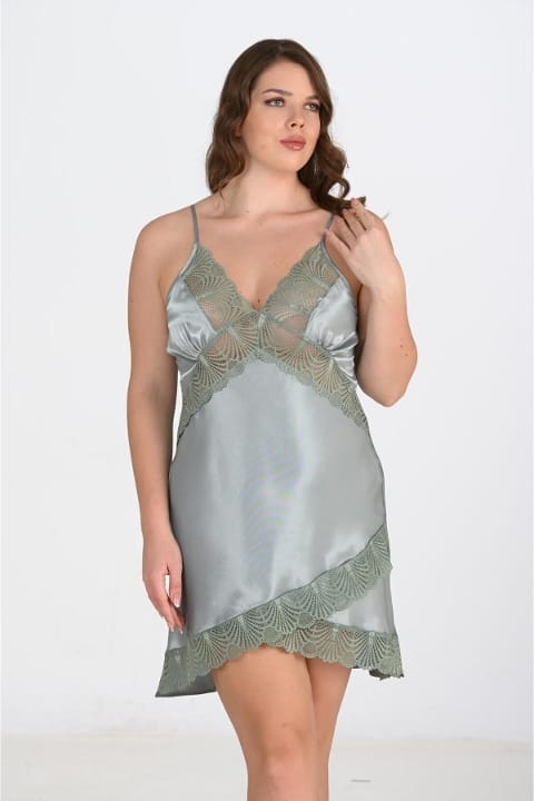 Saten Dantelli Büyük Beden Gecelik Yeşil Ahu 2113 - Yeşil