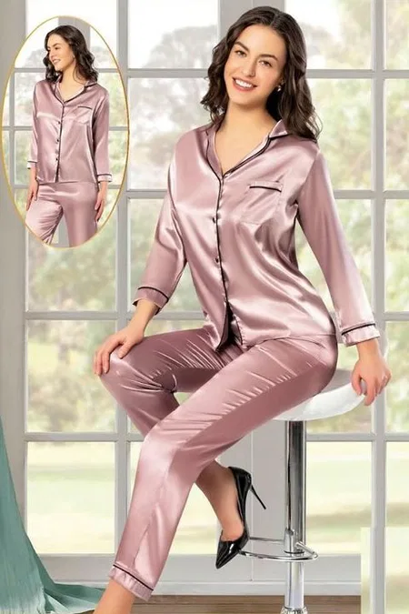 Cepli Gömlek Yaka Saten Pijama Takımı XSES 2105 - Vizon