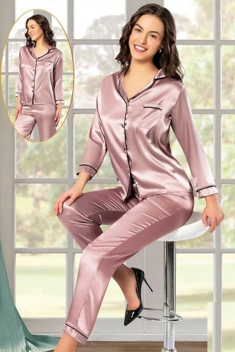 Cepli Gömlek Yaka Saten Pijama Takımı XSES 2105