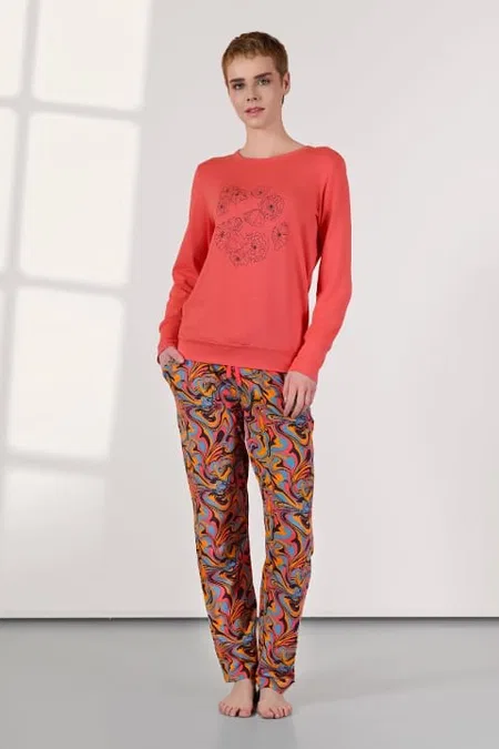 Modal Pamuk Elastan Cepli Uzun Kollu Pijama Takımı Doreanse 25K4048 - Kırmızı