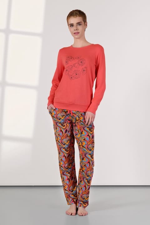Modal Pamuk Elastan Cepli Uzun Kollu Pijama Takımı Doreanse 25K4048 - Kırmızı