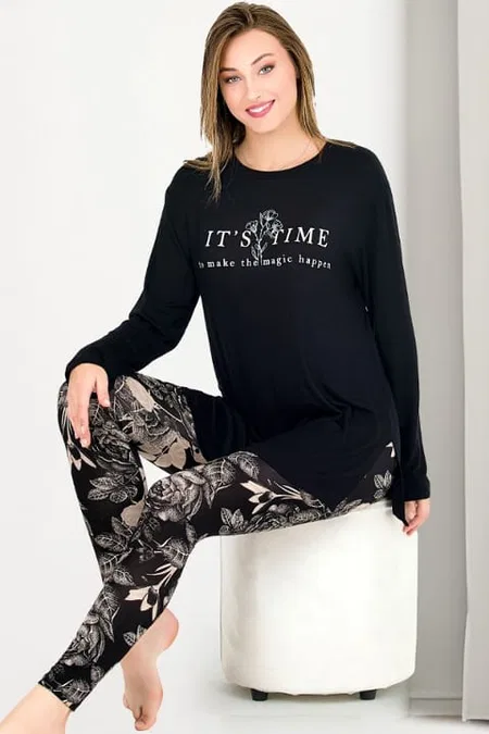 Çiçek Desenli Uzun Kollu Kapri Pijama Takımı Lady 11671 - Siyah