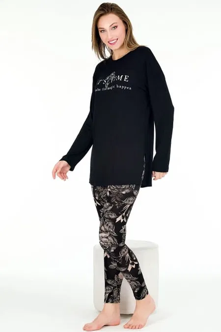 Çiçek Desenli Uzun Kollu Kapri Pijama Takımı Lady 11671 - Siyah