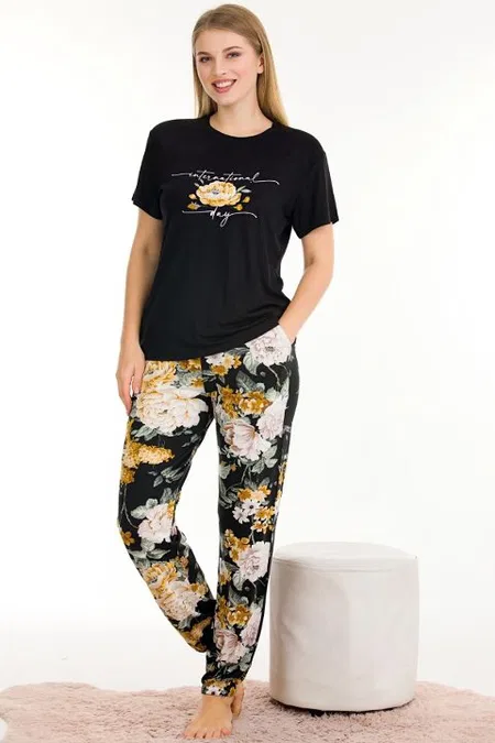 Çiçek Desenli Pamuklu Kısa Kol Pijama Takımı Lady 12550 - Siyah