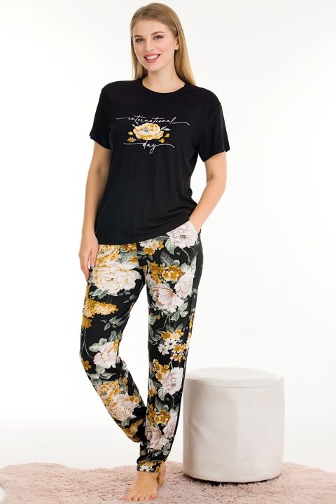 Çiçek Desenli Pamuklu Kısa Kol Pijama Takımı Lady 12550