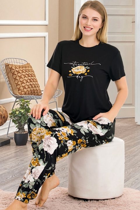 Çiçek Desenli Pamuklu Kısa Kol Pijama Takımı Lady 12550 - 2