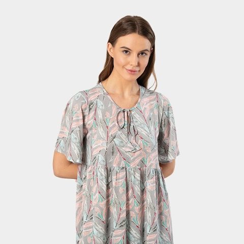 Çiçek Desenli Pamuk Modal Kısa Kollu Kadın Elbise Türen 3396 - Gri