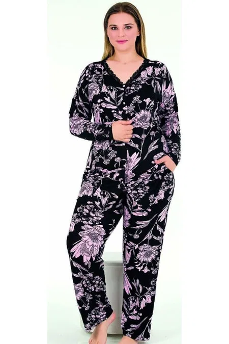 Çiçek Desenli Viskon Pijama Takımı Lady 11373 - Siyah