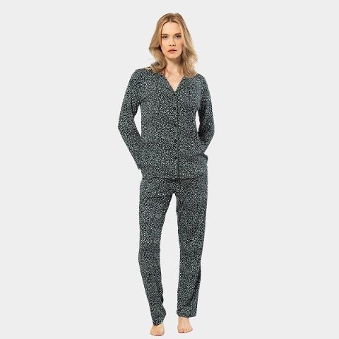 Çiçek Desenli Düğmeli Uzun Kollu Pijama Takımı Türen 3379 - Yeşil