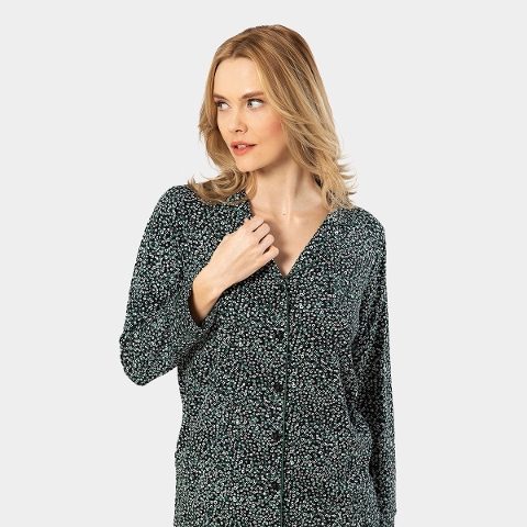 Çiçek Desenli Düğmeli Uzun Kollu Pijama Takımı Türen 3379 - Yeşil