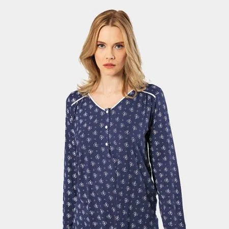 Pamuklu Patlı Çiçek Desenli Uzun Kollu Pijama Takımı Türen 3382 - Lacivert