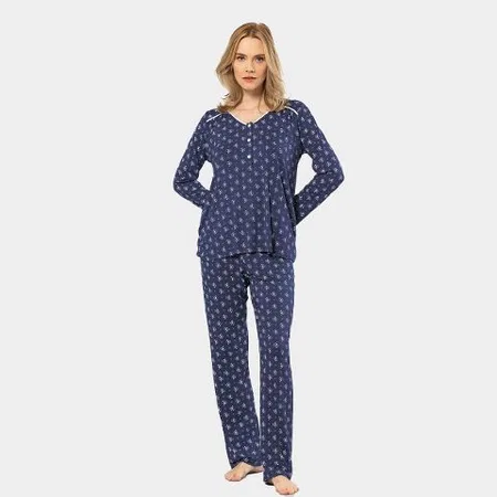 Pamuklu Patlı Çiçek Desenli Uzun Kollu Pijama Takımı Türen 3382 - Lacivert