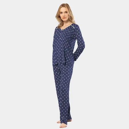 Pamuklu Patlı Çiçek Desenli Uzun Kollu Pijama Takımı Türen 3382 - Lacivert