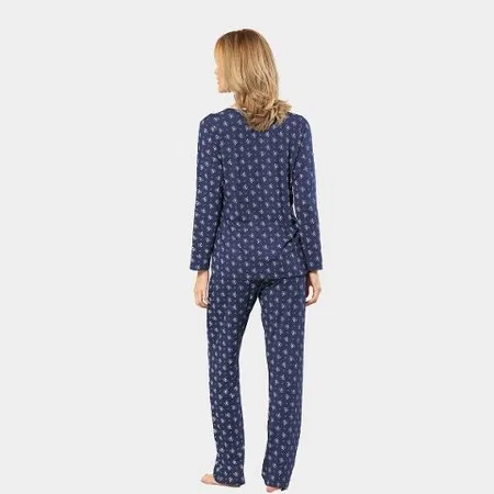 Pamuklu Patlı Çiçek Desenli Uzun Kollu Pijama Takımı Türen 3382 - Lacivert