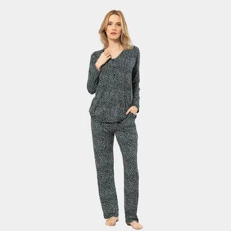 Çiçek Desenli Pamuklu Cepli Uzun Kollu Kadın Pijama Takımı Türen 3382 - Yeşil