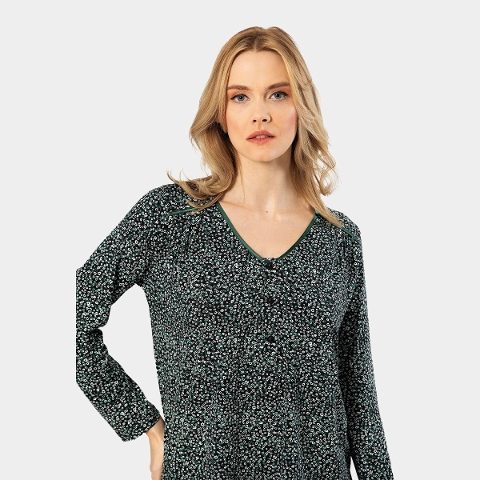 Çiçek Desenli Pamuklu Cepli Uzun Kollu Kadın Pijama Takımı Türen 3382 - Yeşil