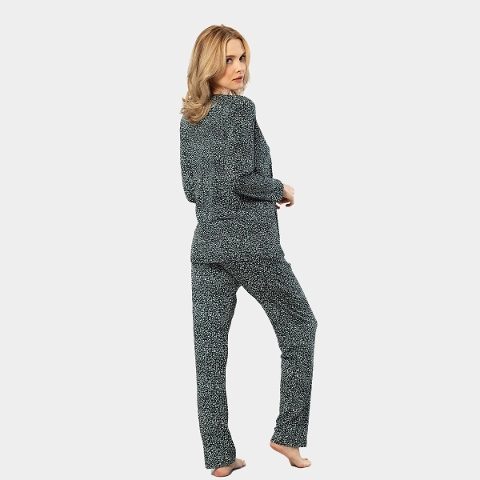 Çiçek Desenli Pamuklu Cepli Uzun Kollu Kadın Pijama Takımı Türen 3382 - Yeşil