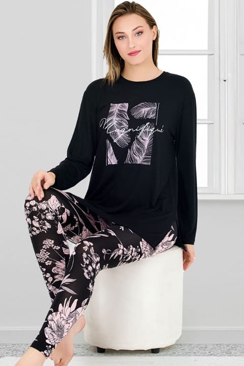 Çiçek Desenli Uzun Kollu Viskon Kapri Pijama Takımı Lady 11670
