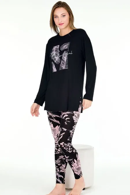 Çiçek Desenli Uzun Kollu Viskon Kapri Pijama Takımı Lady 11670 - Çiçek