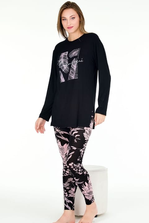 Çiçek Desenli Uzun Kollu Viskon Kapri Pijama Takımı Lady 11670 - Çiçek