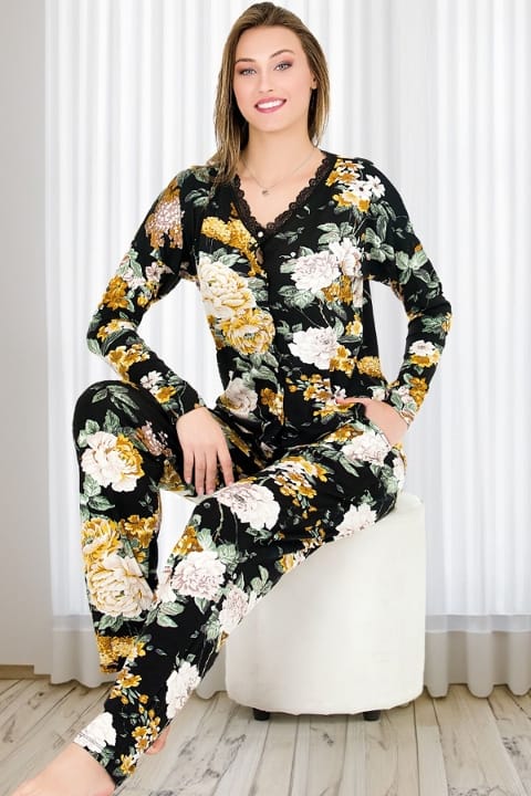 Çiçek Desenli Büyük Beden Viskon Pijama Takımı Lady 11378