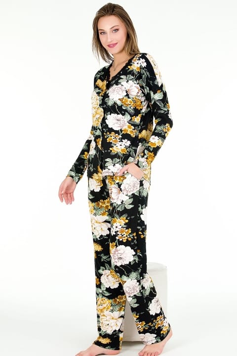 Çiçek Desenli Büyük Beden Viskon Pijama Takımı Lady 11378 - 2