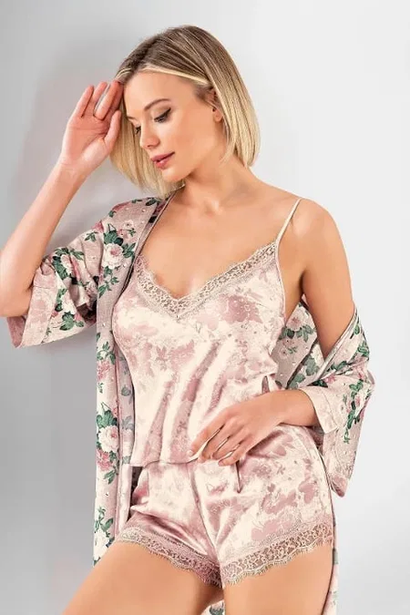 Çiçekli Dantelli Şort Sabahlık Takımı Kadın Gecelik Ahu Lingerie 1923 - Pudra