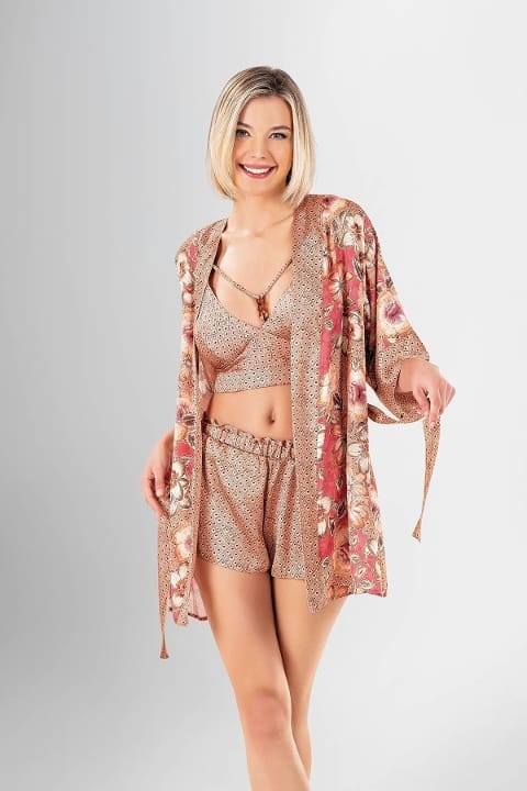Fuşya Çiçekli Şort Büstiyer Takımı Ahu 1927 - Kahverengi