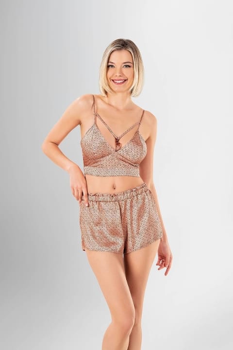 Fuşya Çiçekli Şort Büstiyer Takımı Ahu 1927 - Kahverengi